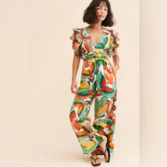 Farm Rio Ruffle-Sleeve Linen Jumpsuit - Picture 2 of 11